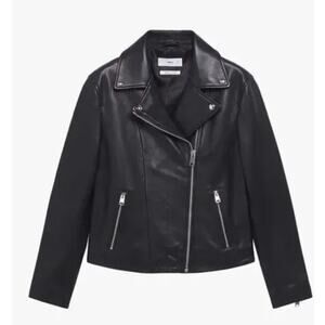 NWT MANGO Perfect Leather Biker Moto Jacket Black Sustainable 100% Leather Small